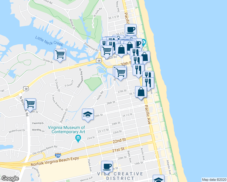 map of restaurants, bars, coffee shops, grocery stores, and more near 2702 Baltic Avenue in Virginia Beach