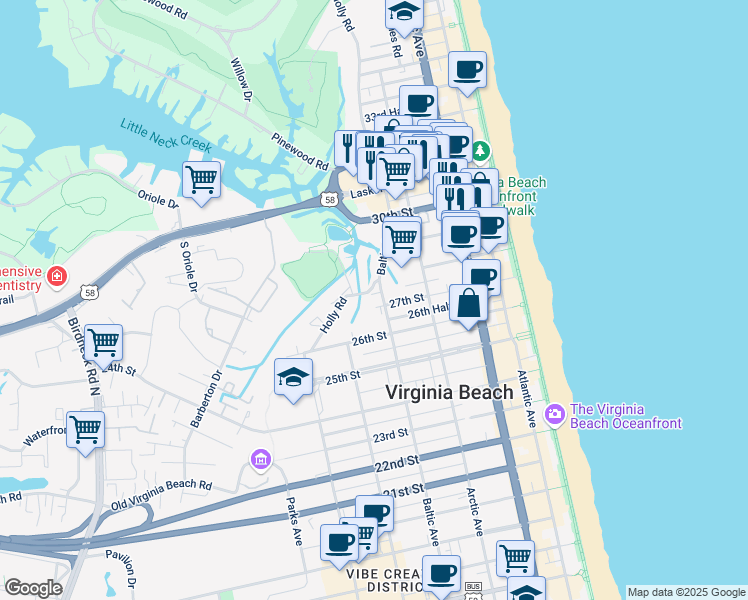 map of restaurants, bars, coffee shops, grocery stores, and more near 509 27th Street in Virginia Beach
