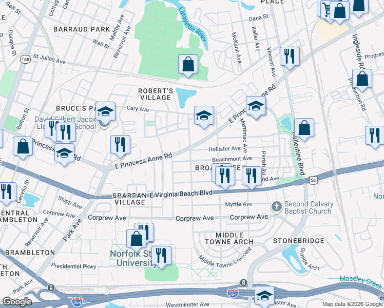 map of restaurants, bars, coffee shops, grocery stores, and more near 2713 Hollister Avenue in Norfolk