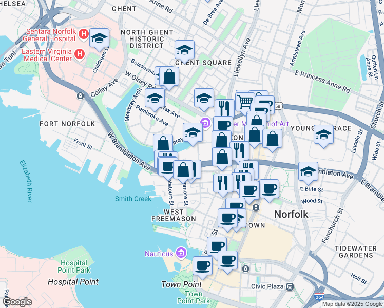 map of restaurants, bars, coffee shops, grocery stores, and more near 731 Yarmouth Street in Norfolk