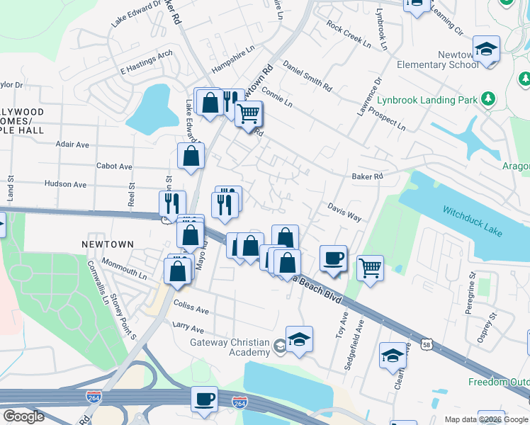 map of restaurants, bars, coffee shops, grocery stores, and more near 5625 Landfall Drive in Virginia Beach