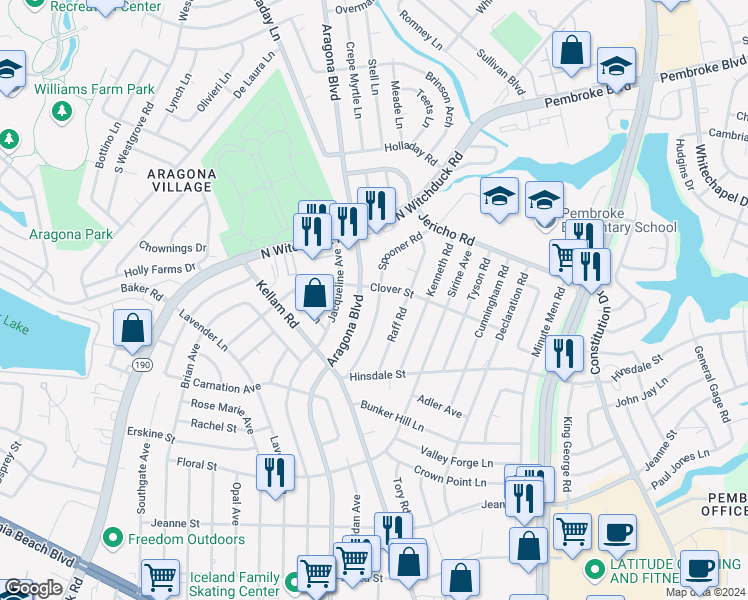 map of restaurants, bars, coffee shops, grocery stores, and more near 653 Spooner Road in Virginia Beach