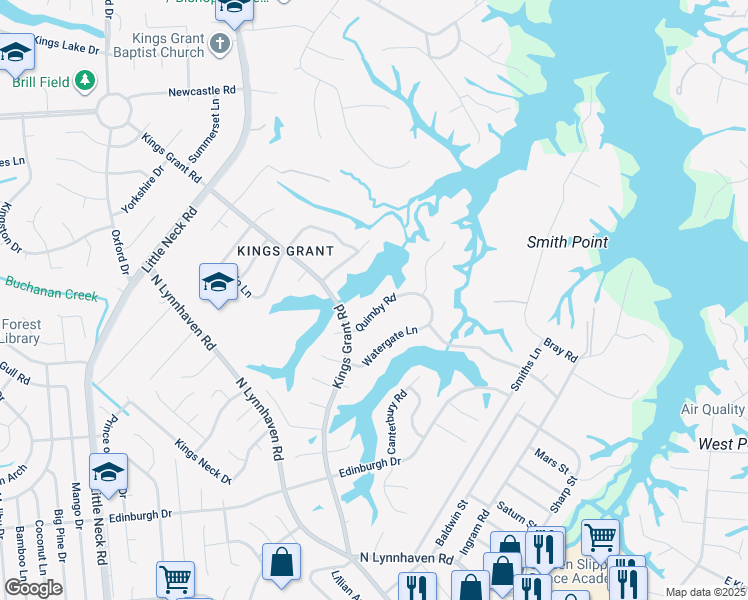 map of restaurants, bars, coffee shops, grocery stores, and more near 3132 Quimby Road in Virginia Beach