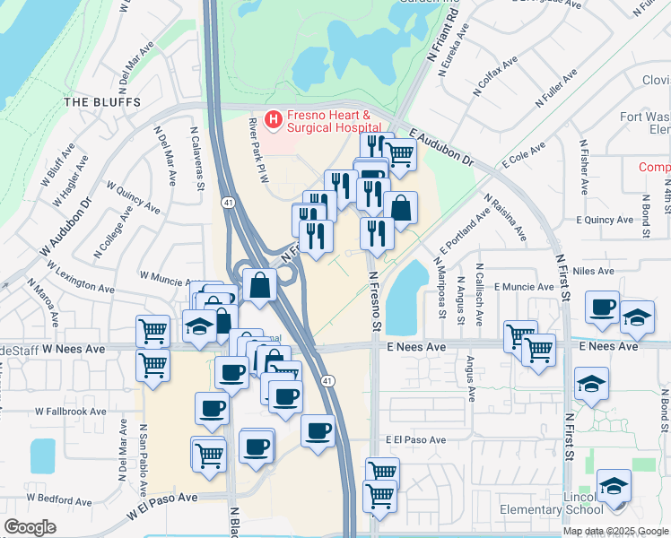 map of restaurants, bars, coffee shops, grocery stores, and more near 255 East River Park Circle in Fresno