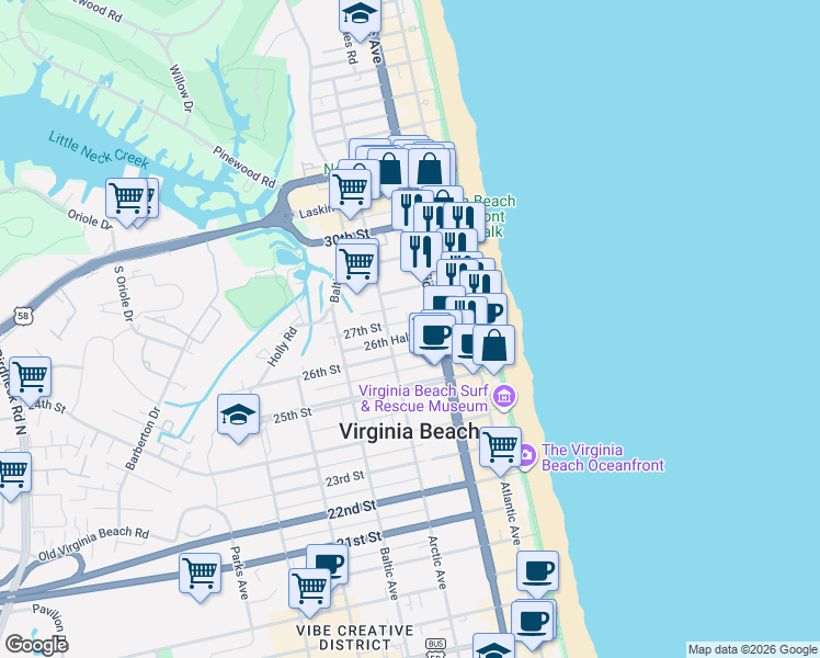 map of restaurants, bars, coffee shops, grocery stores, and more near 314 27th Street in Virginia Beach