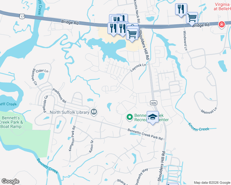 map of restaurants, bars, coffee shops, grocery stores, and more near 5543 County Road 626 in Suffolk