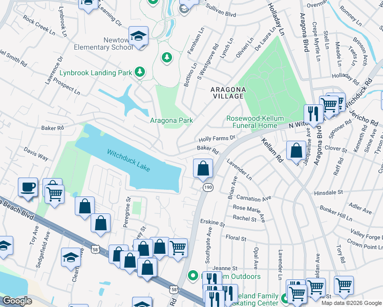 map of restaurants, bars, coffee shops, grocery stores, and more near 5297 Pirata PI in Virginia Beach