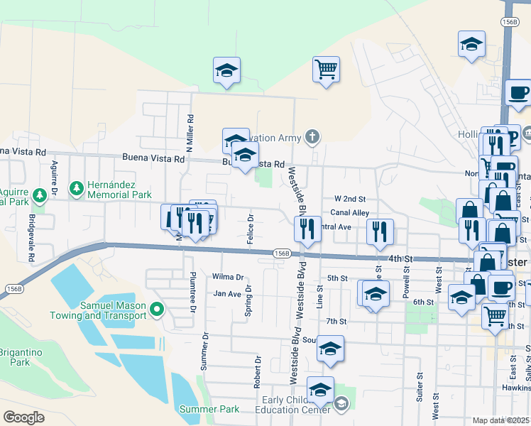 map of restaurants, bars, coffee shops, grocery stores, and more near 1111 Central Avenue in Hollister