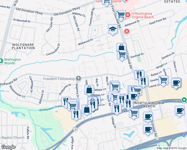 map of restaurants, bars, coffee shops, grocery stores, and more near 1852 Wolfsnare Road in Virginia Beach