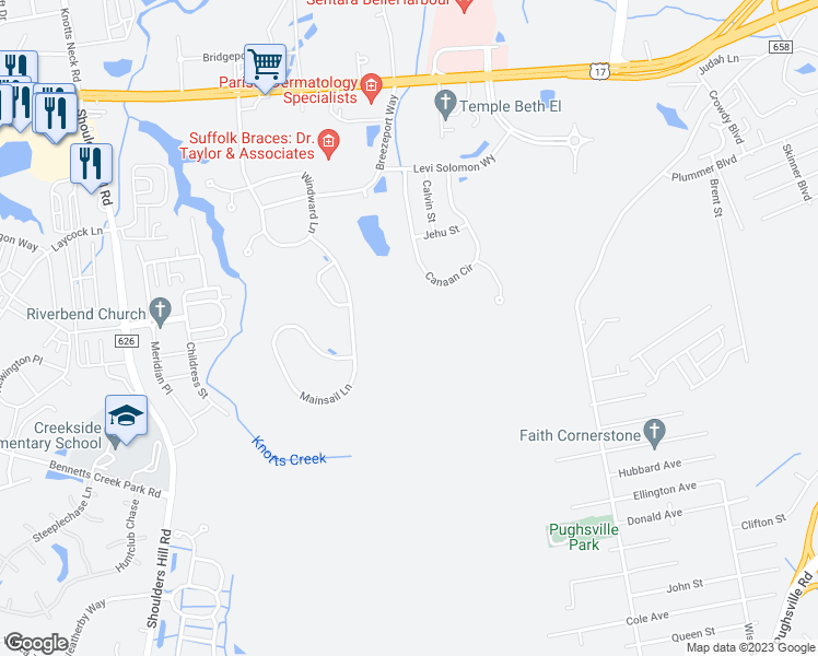 map of restaurants, bars, coffee shops, grocery stores, and more near 3909 Breezeport Way in Suffolk