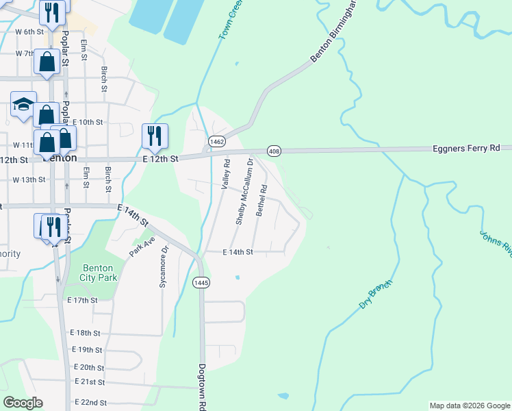 map of restaurants, bars, coffee shops, grocery stores, and more near 1286 Bethel Road in Benton