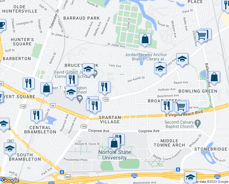 map of restaurants, bars, coffee shops, grocery stores, and more near 1215 Standard Street in Norfolk