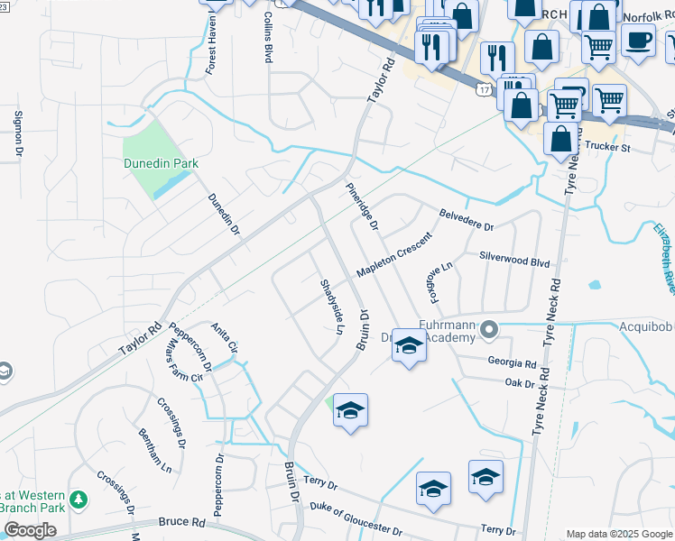 map of restaurants, bars, coffee shops, grocery stores, and more near 3304 Bruin Drive in Chesapeake