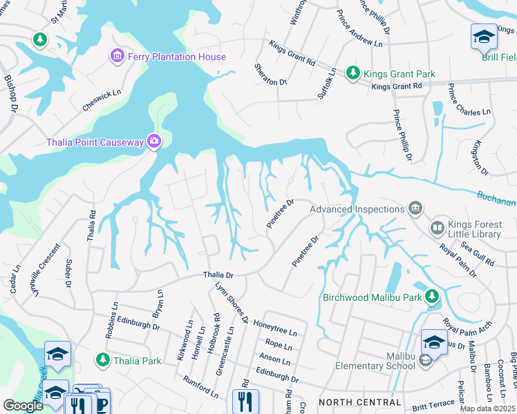 map of restaurants, bars, coffee shops, grocery stores, and more near 624 Piney Point Road in Virginia Beach