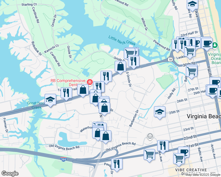 map of restaurants, bars, coffee shops, grocery stores, and more near 1007 Coquina Chase in Virginia Beach