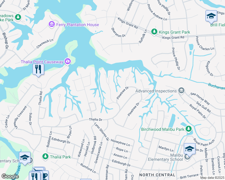 map of restaurants, bars, coffee shops, grocery stores, and more near 624 Piney Point Road in Virginia Beach