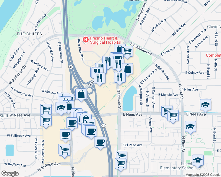 map of restaurants, bars, coffee shops, grocery stores, and more near 265 East River Park Circle in Fresno