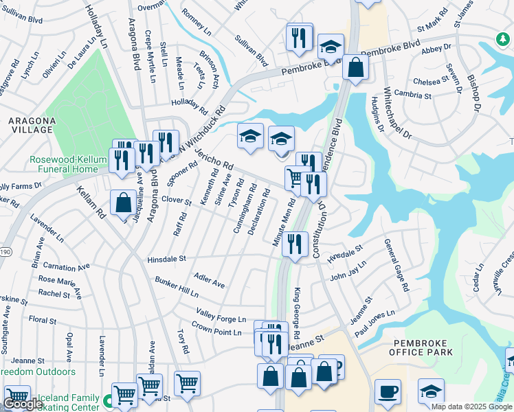 map of restaurants, bars, coffee shops, grocery stores, and more near 652 Cunningham Road in Virginia Beach