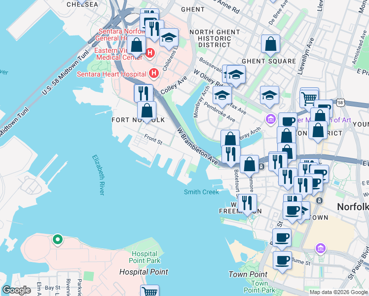 map of restaurants, bars, coffee shops, grocery stores, and more near 538 Front Street in Norfolk
