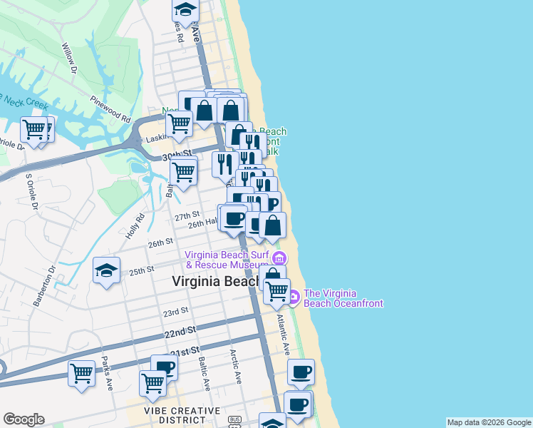 map of restaurants, bars, coffee shops, grocery stores, and more near 2607 Ocean Front Avenue in Virginia Beach