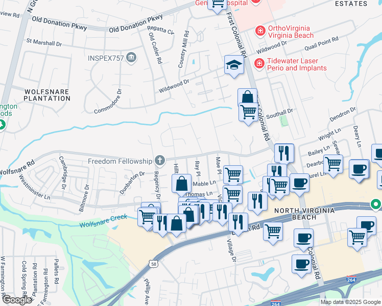 map of restaurants, bars, coffee shops, grocery stores, and more near 1852 Wolfsnare Road in Virginia Beach