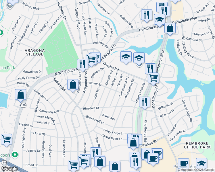 map of restaurants, bars, coffee shops, grocery stores, and more near 648 Kenneth Road in Virginia Beach