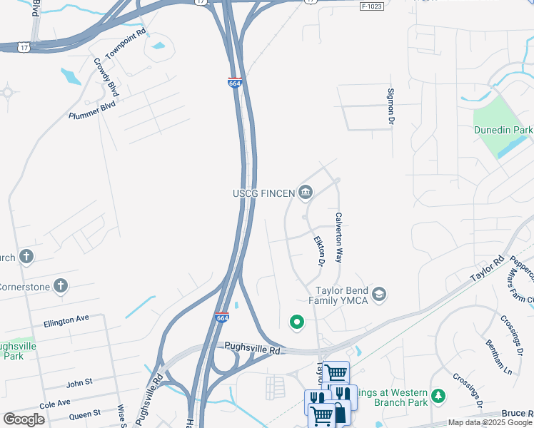 map of restaurants, bars, coffee shops, grocery stores, and more near 3671 Mardean Drive in Chesapeake