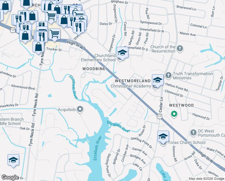 map of restaurants, bars, coffee shops, grocery stores, and more near 5217 Amherst Drive in Portsmouth