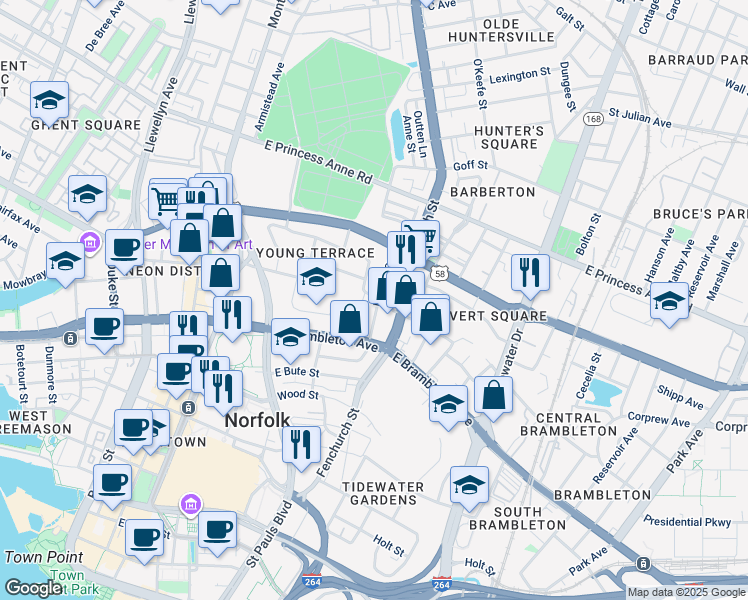map of restaurants, bars, coffee shops, grocery stores, and more near 777 Lincoln Street in Norfolk