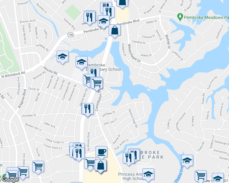 map of restaurants, bars, coffee shops, grocery stores, and more near 4404 Liberty Bell Court in Virginia Beach