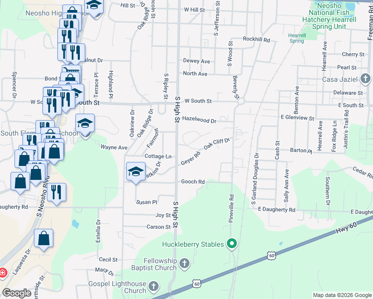 map of restaurants, bars, coffee shops, grocery stores, and more near 323 Oak Cliff Drive in Neosho