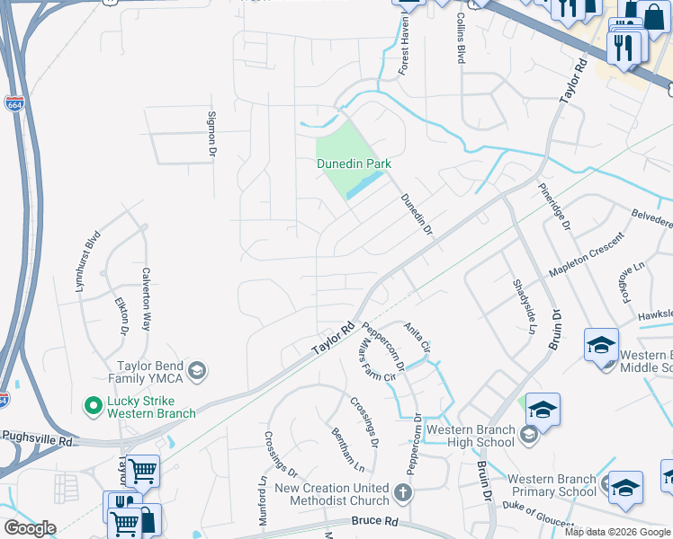 map of restaurants, bars, coffee shops, grocery stores, and more near 3344 Bangor Crescent in Chesapeake