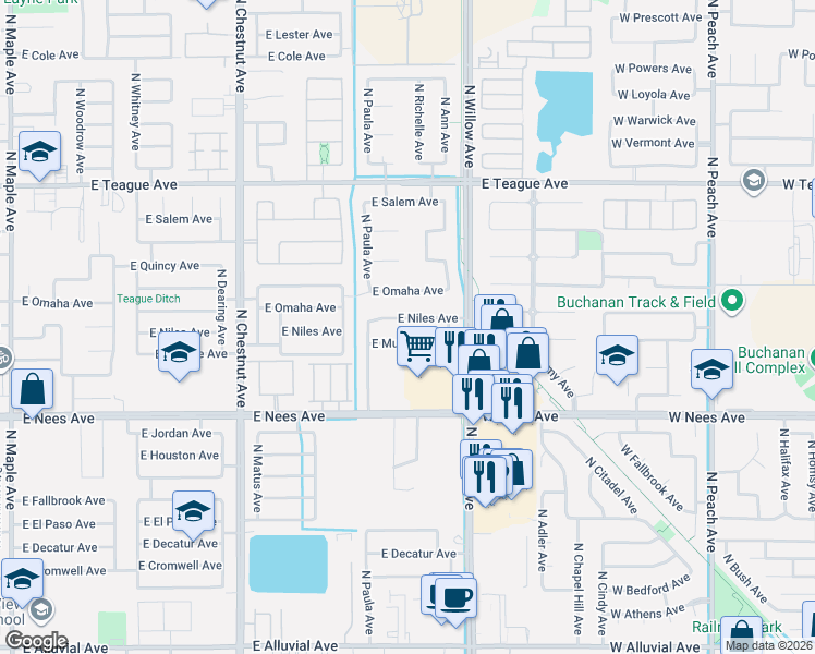 map of restaurants, bars, coffee shops, grocery stores, and more near 2905 East Niles Avenue in Fresno