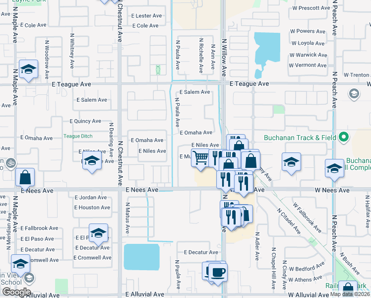 map of restaurants, bars, coffee shops, grocery stores, and more near 2793 East Niles Avenue in Fresno