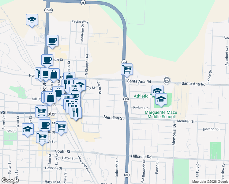 map of restaurants, bars, coffee shops, grocery stores, and more near 540 Chardonnay Way in Hollister