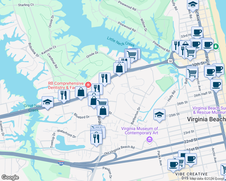 map of restaurants, bars, coffee shops, grocery stores, and more near 704 Coquina Lane in Virginia Beach