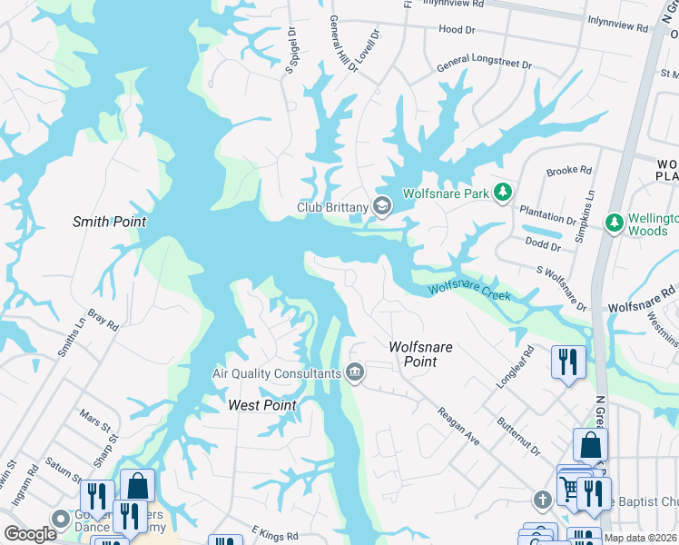 map of restaurants, bars, coffee shops, grocery stores, and more near 2900 Seashore Point in Virginia Beach