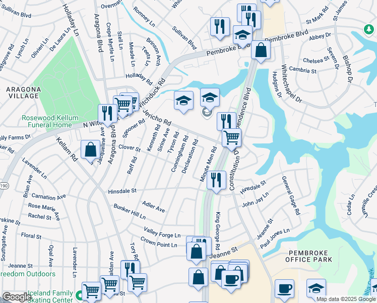 map of restaurants, bars, coffee shops, grocery stores, and more near 652 Cunningham Road in Virginia Beach