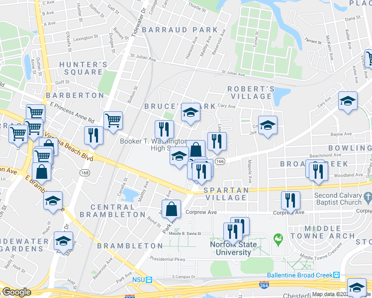 map of restaurants, bars, coffee shops, grocery stores, and more near 1509 Link Street in Norfolk