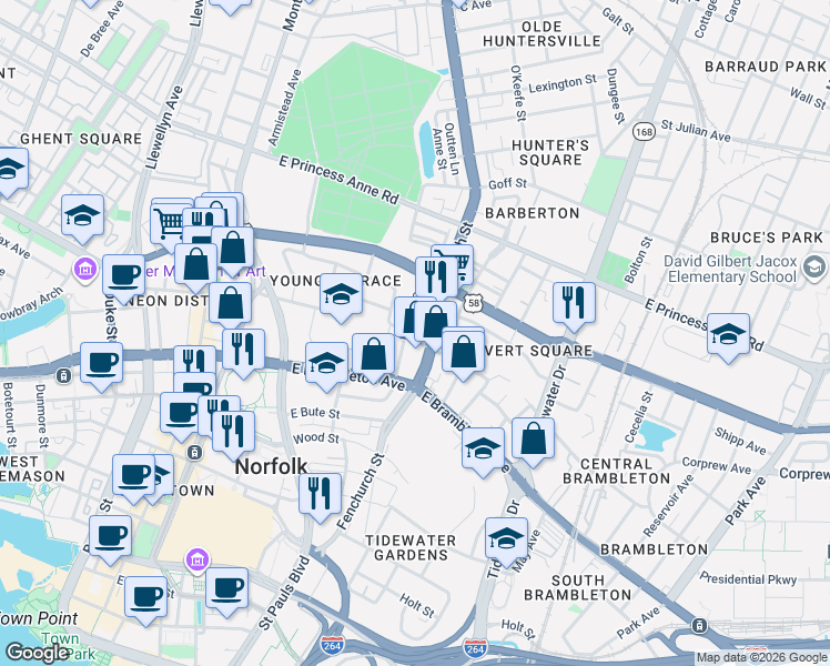map of restaurants, bars, coffee shops, grocery stores, and more near 777 Lincoln Street in Norfolk
