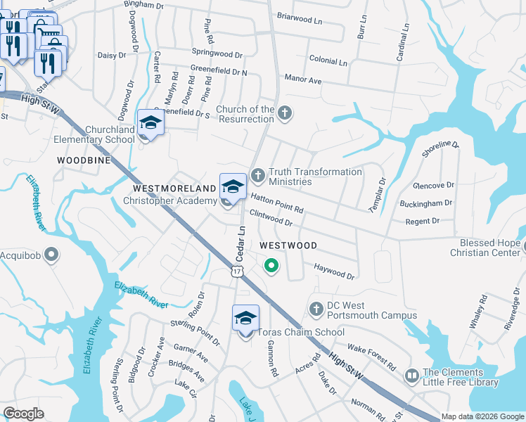 map of restaurants, bars, coffee shops, grocery stores, and more near 4904 Clintwood Drive in Portsmouth