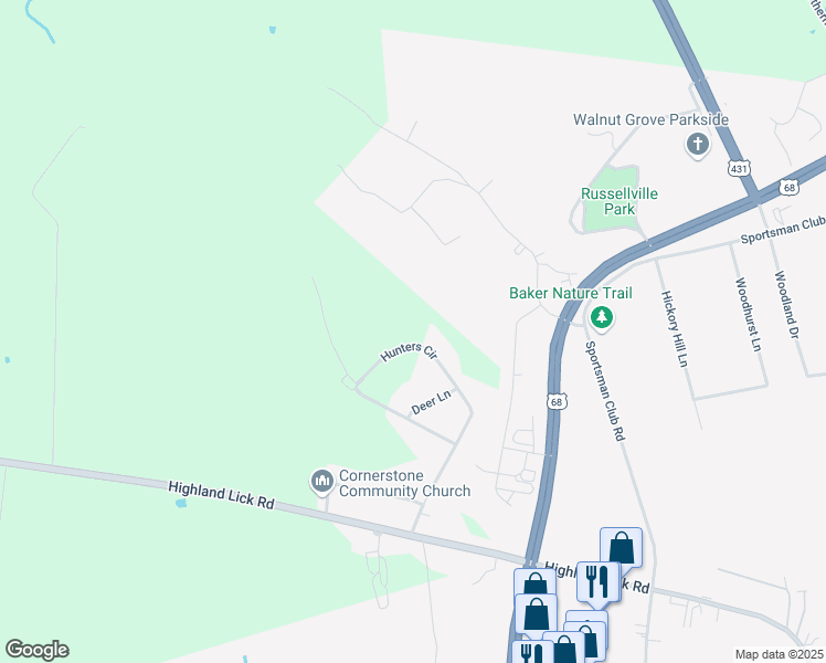 map of restaurants, bars, coffee shops, grocery stores, and more near 205-211 Hunters Circle in Russellville