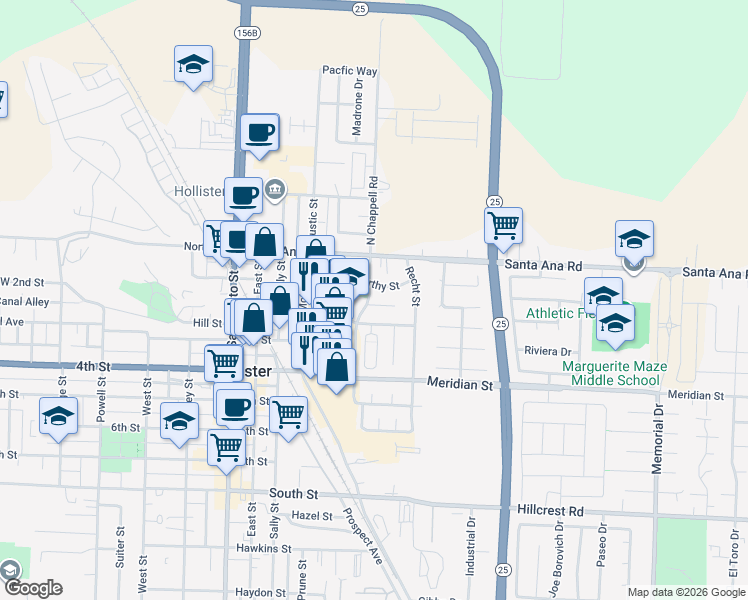 map of restaurants, bars, coffee shops, grocery stores, and more near 191 Alvarado Street in Hollister