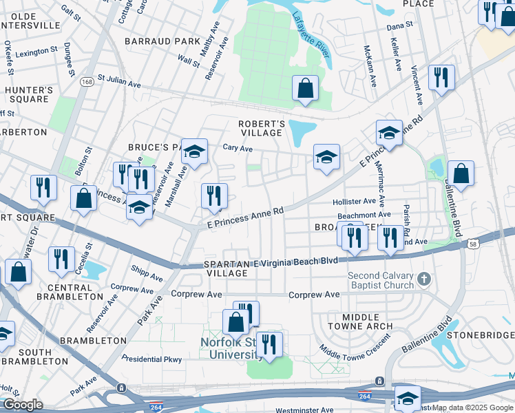 map of restaurants, bars, coffee shops, grocery stores, and more near 2500 East Princess Anne Road in Norfolk