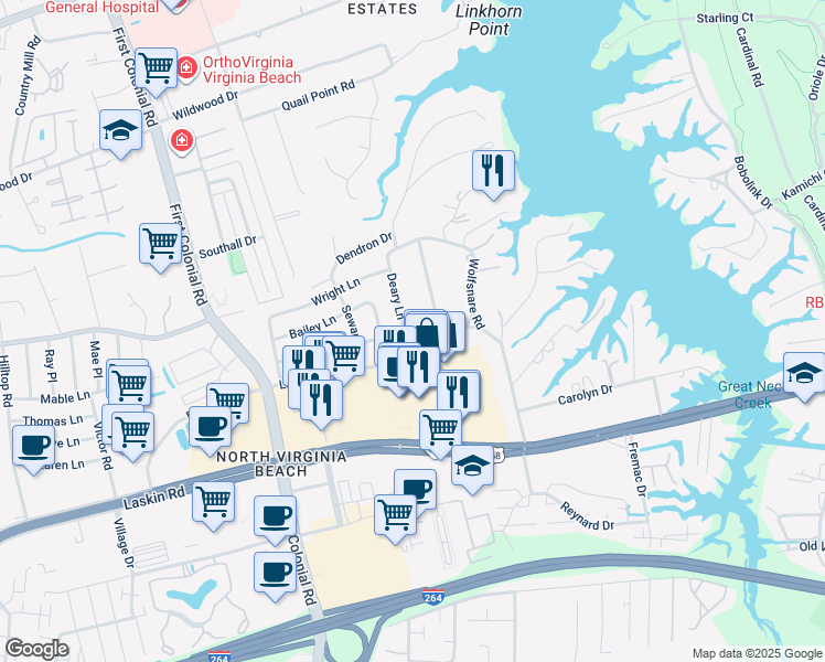 map of restaurants, bars, coffee shops, grocery stores, and more near 812 Deary Lane in Virginia Beach