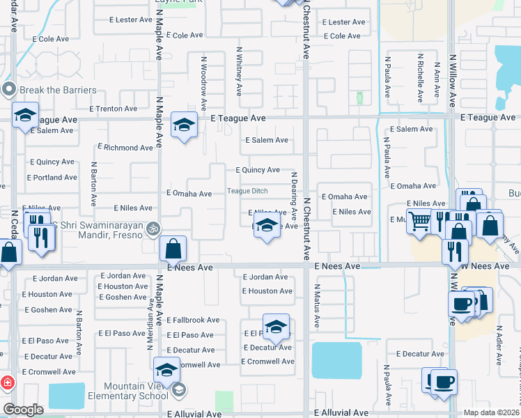 map of restaurants, bars, coffee shops, grocery stores, and more near 2284 East Niles Avenue in Fresno