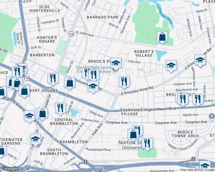 map of restaurants, bars, coffee shops, grocery stores, and more near 1509 Link Street in Norfolk