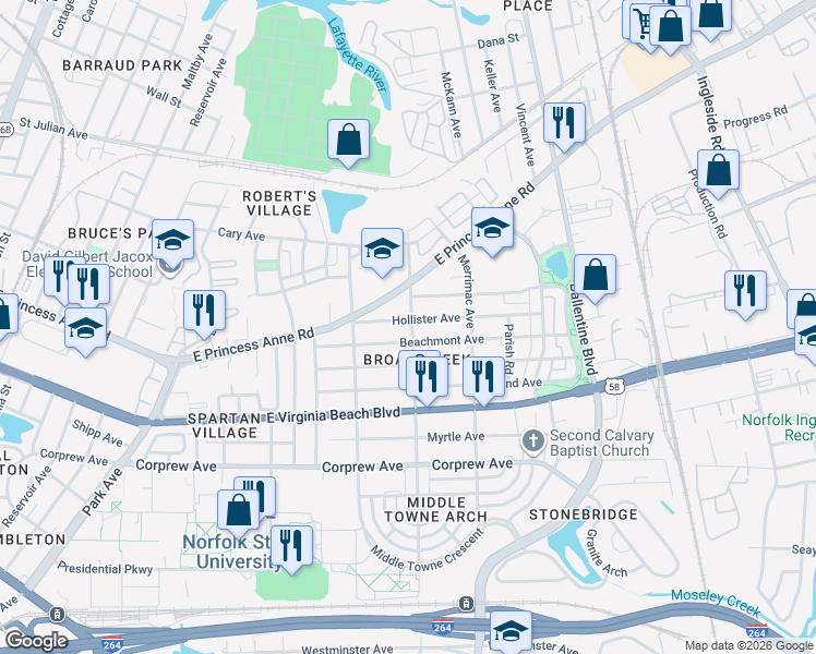 map of restaurants, bars, coffee shops, grocery stores, and more near 1129 Norchester Ave in Norfolk