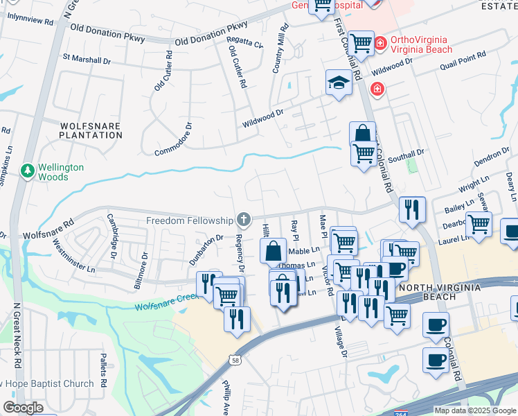 map of restaurants, bars, coffee shops, grocery stores, and more near 905 North Hilltop Road in Virginia Beach