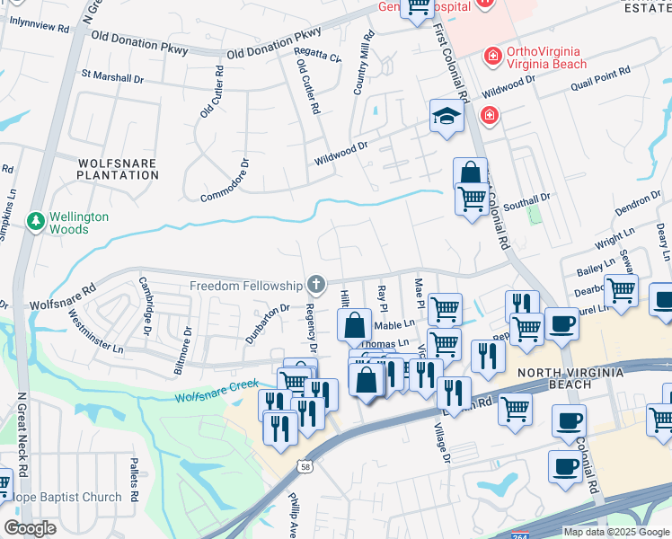 map of restaurants, bars, coffee shops, grocery stores, and more near 905 North Hilltop Road in Virginia Beach